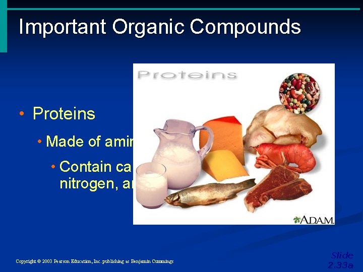 Important Organic Compounds • Proteins • Made of amino acids • Contain carbon, oxygen, Important Organic Compounds • Proteins • Made of amino acids • Contain carbon, oxygen,