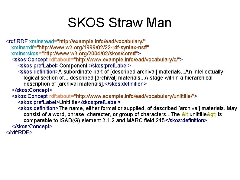 SKOS Straw Man <rdf: RDF xmlns: ead="http: //example. info/ead/vocabulary/" xmlns: rdf="http: //www. w 3.