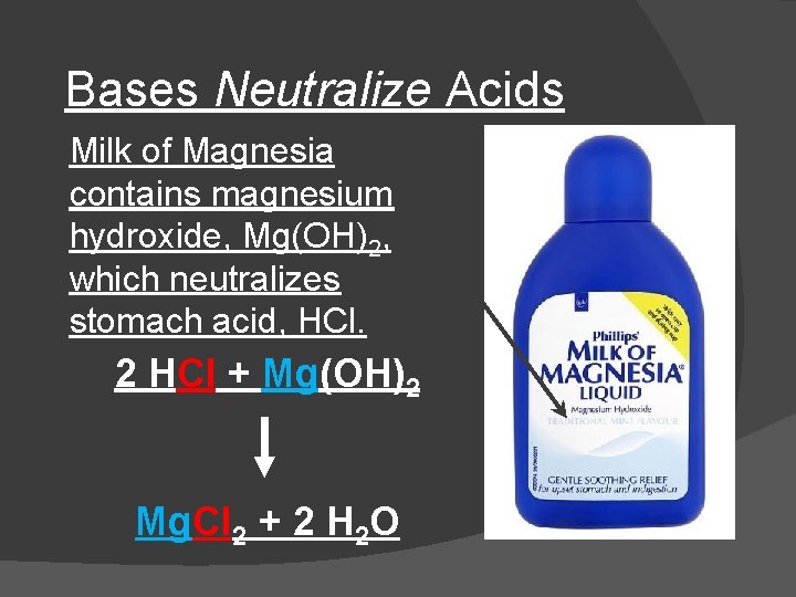 Bases Neutralize Acids Milk of Magnesia contains magnesium hydroxide, Mg(OH)2, which neutralizes stomach acid,