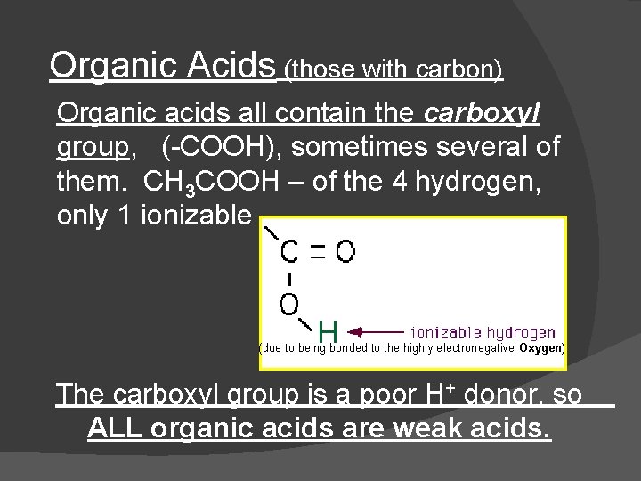 Organic Acids (those with carbon) Organic acids all contain the carboxyl group, (-COOH), sometimes