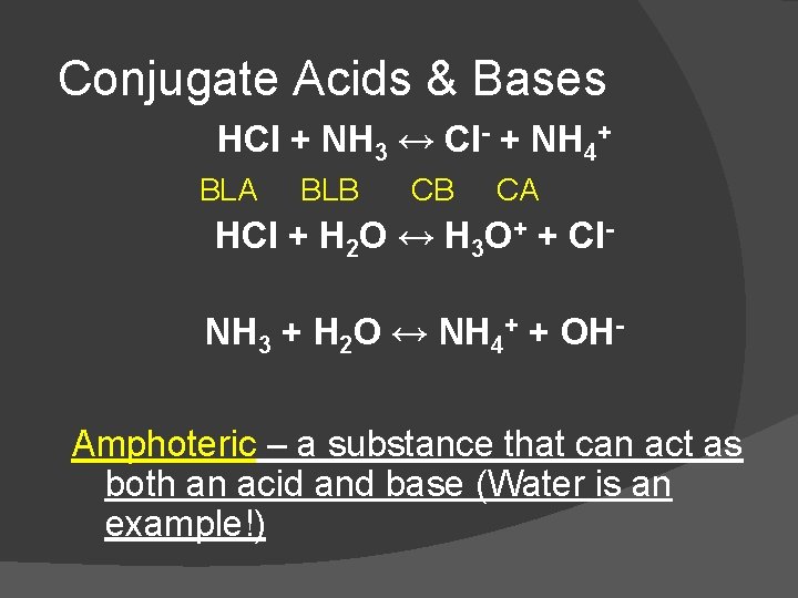 Conjugate Acids & Bases HCl + NH 3 ↔ Cl- + NH 4+ BLA