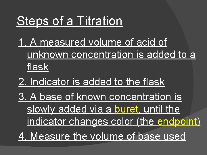 Steps of a Titration 1. A measured volume of acid of unknown concentration is