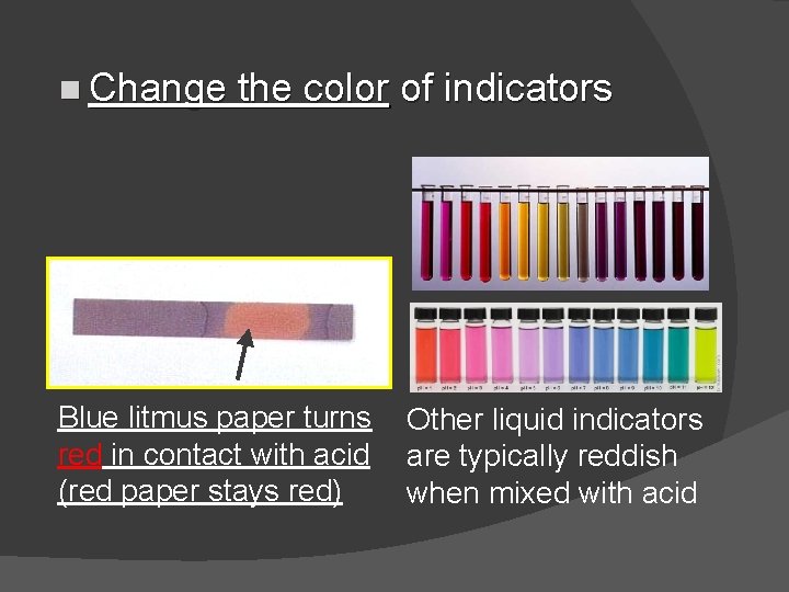 n Change the color of indicators Blue litmus paper turns red in contact with