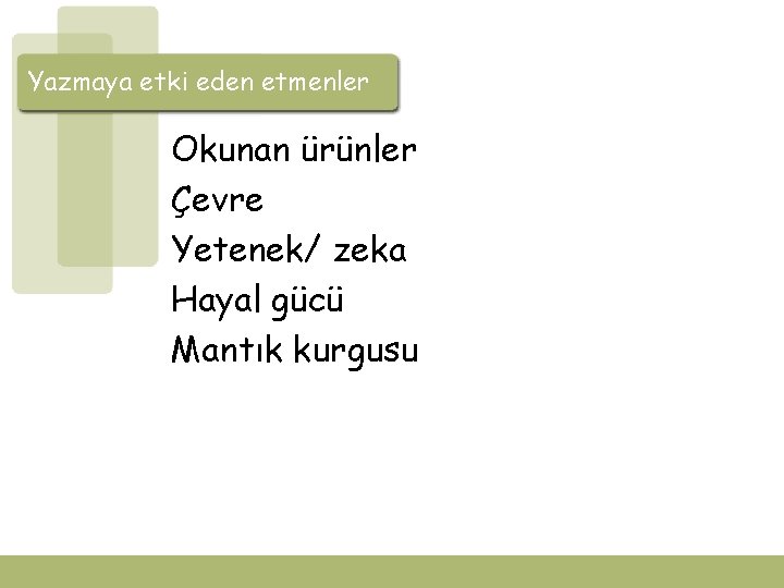 Yazmaya etki eden etmenler Okunan ürünler Çevre Yetenek/ zeka Hayal gücü Mantık kurgusu 