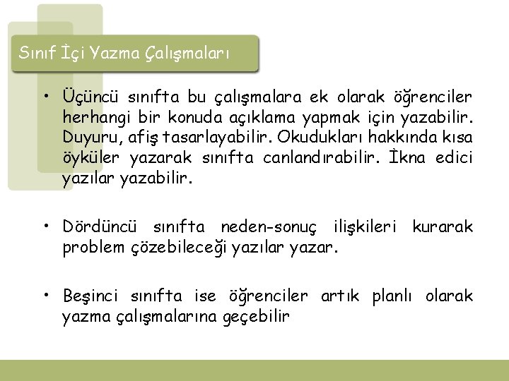 Sınıf İçi Yazma Çalışmaları • Üçüncü sınıfta bu çalışmalara ek olarak öğrenciler herhangi bir