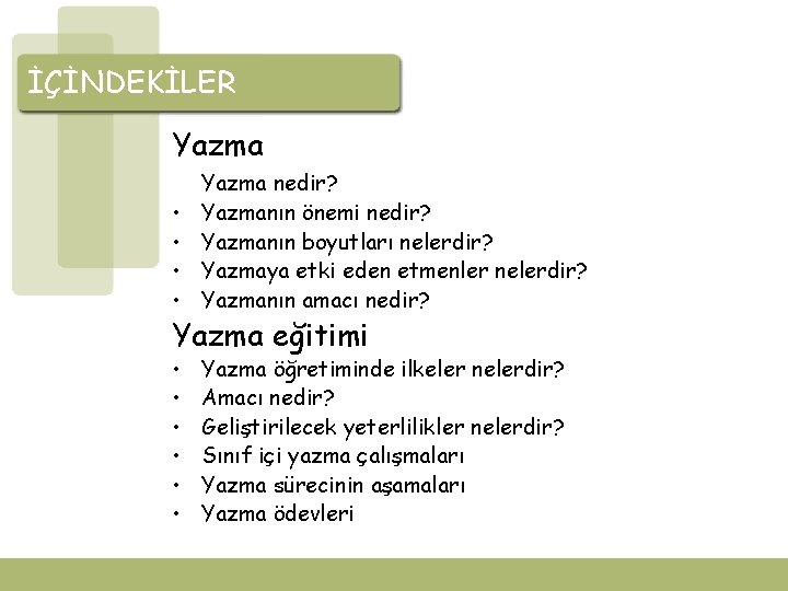 İÇİNDEKİLER Yazma • • Yazma nedir? Yazmanın önemi nedir? Yazmanın boyutları nelerdir? Yazmaya etki