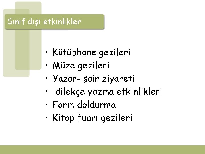 Sınıf dışı etkinlikler • • • Kütüphane gezileri Müze gezileri Yazar- şair ziyareti dilekçe