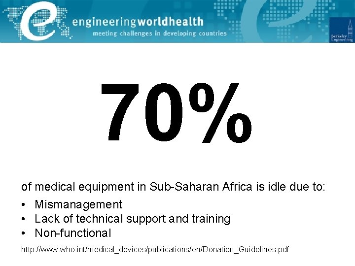 70% of medical equipment in Sub-Saharan Africa is idle due to: • Mismanagement •