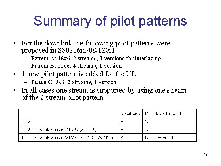Summary of pilot patterns • For the downlink the following pilot patterns were proposed