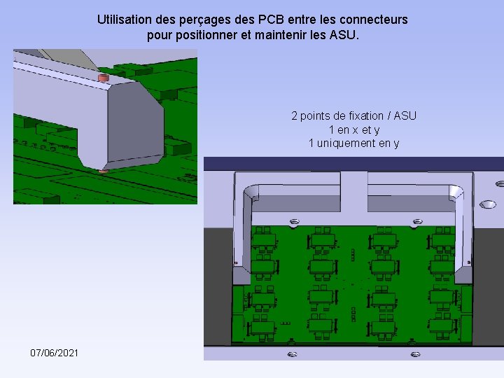 Utilisation des perçages des PCB entre les connecteurs pour positionner et maintenir les ASU.