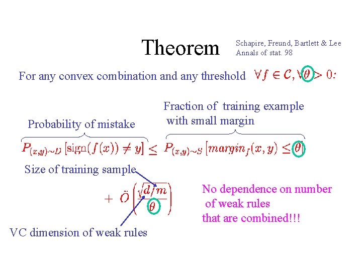 Theorem Schapire, Freund, Bartlett & Lee Annals of stat. 98 For any convex combination