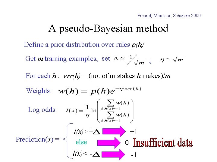 Freund, Mansour, Schapire 2000 A pseudo-Bayesian method Define a prior distribution over rules p(h)