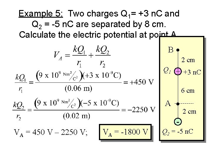 Example 5: Two charges Q 1= +3 n. C and Q 2 = -5