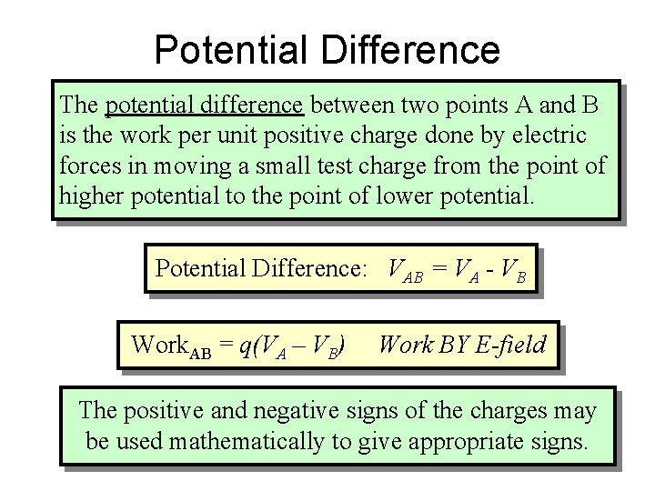 Potential Difference The potential difference between two points A and B is the work