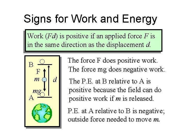 Signs for Work and Energy Work (Fd) is positive if an applied force F