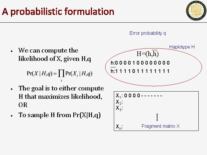 A probabilistic formulation Error probability q • We can compute the likelihood of X,