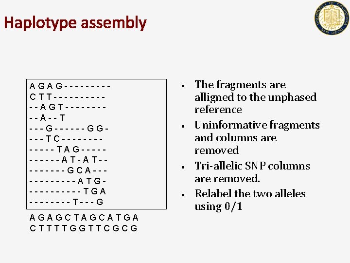 Haplotype assembly AGAG----CTT------AGT-----A--T ---G------GG---TC------TAG-----AT-AT----GCA------ATG-----TGA ----T---G AGAGCTAGCATGA CTTTTGGTTCGCG • • The fragments are alligned to