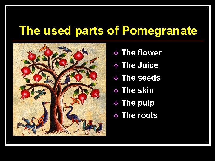 The used parts of Pomegranate v The flower v The Juice v The seeds
