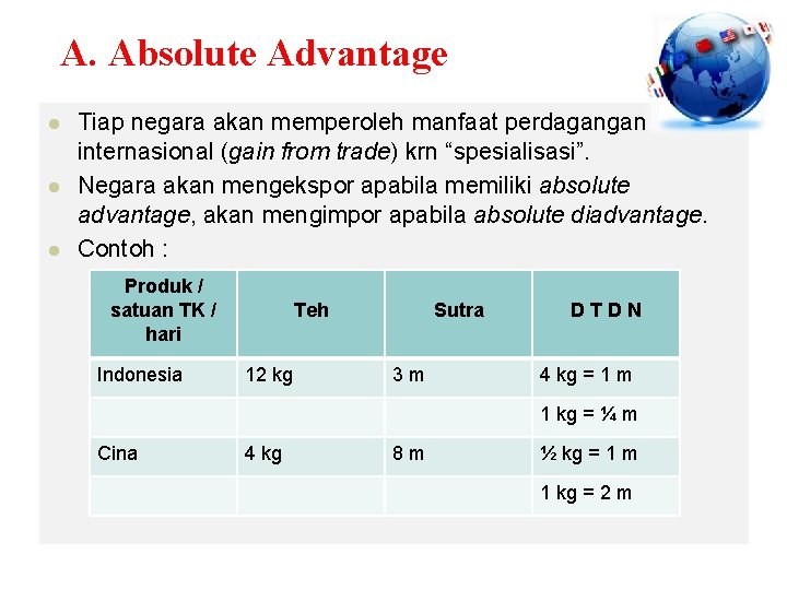 A. Absolute Advantage l l l Tiap negara akan memperoleh manfaat perdagangan internasional (gain