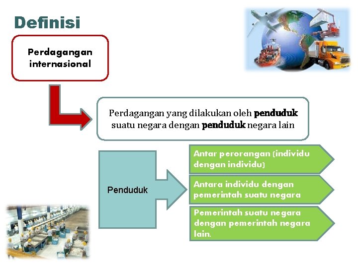Definisi Perdagangan internasional Perdagangan yang dilakukan oleh penduduk suatu negara dengan penduduk negara lain Definisi Perdagangan internasional Perdagangan yang dilakukan oleh penduduk suatu negara dengan penduduk negara lain