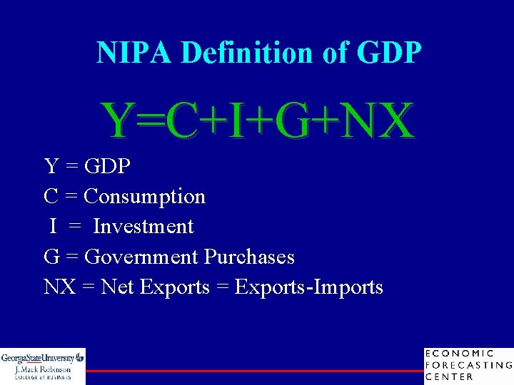 NIPA Definition of GDP Y=C+I+G+NX Y = GDP C = Consumption I = Investment