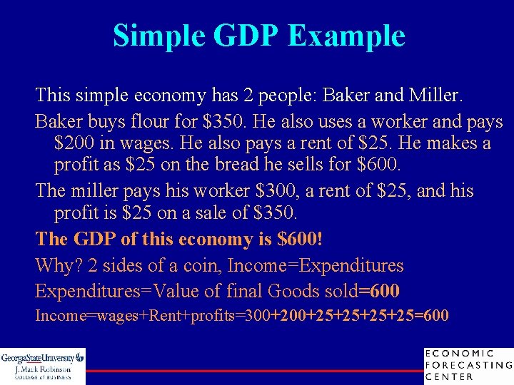 Simple GDP Example This simple economy has 2 people: Baker and Miller. Baker buys