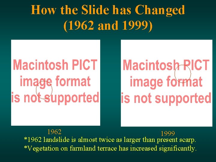 How the Slide has Changed (1962 and 1999) 1962 1999 *1962 landslide is almost