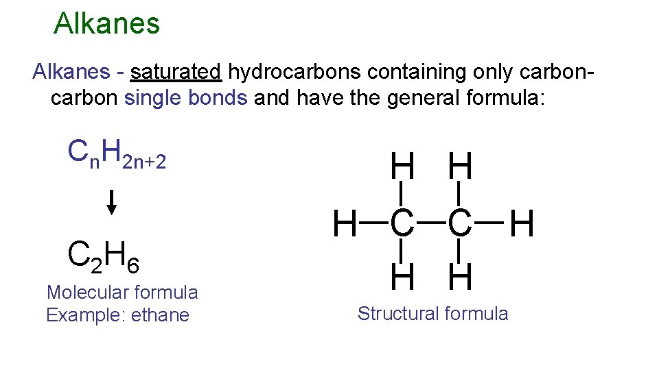 Alkanes - saturated hydrocarbons containing only carbon single bonds and have the general formula: