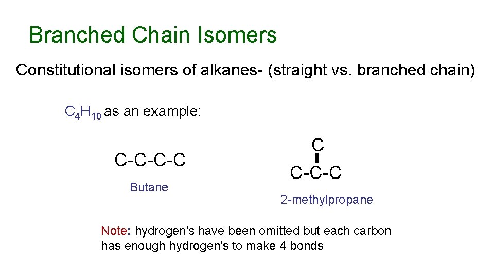 Branched Chain Isomers Constitutional isomers of alkanes- (straight vs. branched chain) C 4 H