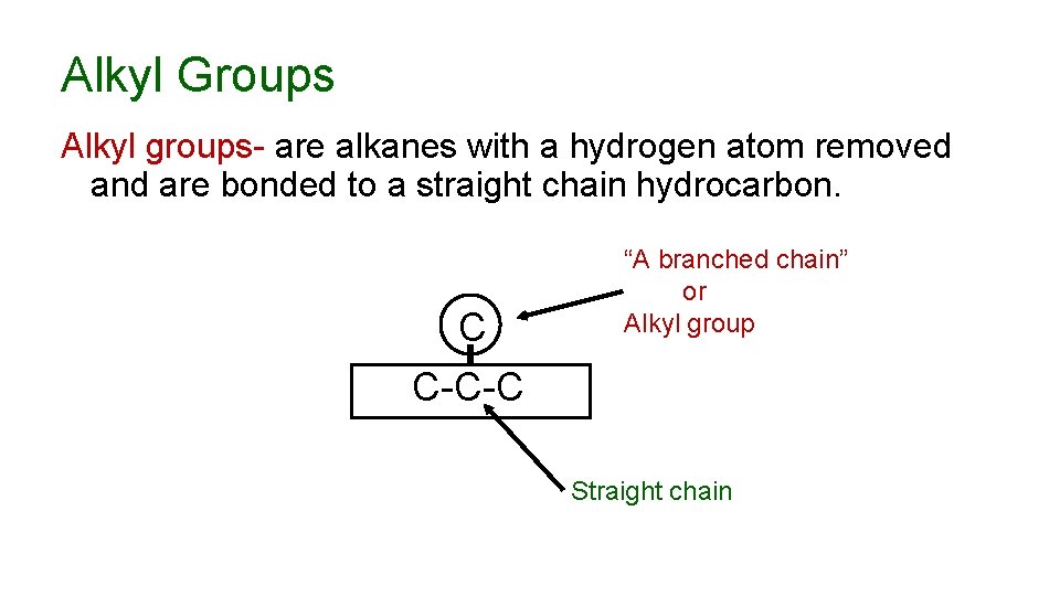 Alkyl Groups Alkyl groups- are alkanes with a hydrogen atom removed and are bonded