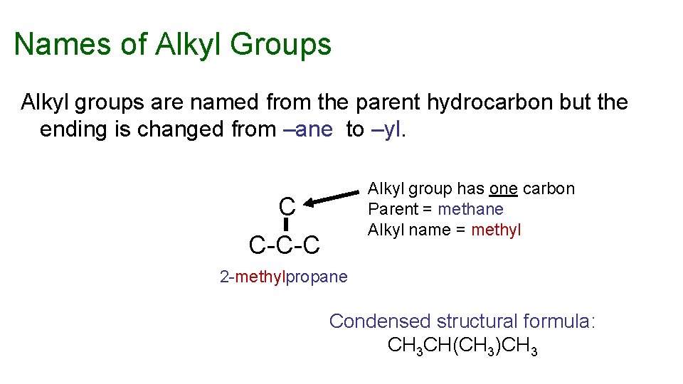 Names of Alkyl Groups Alkyl groups are named from the parent hydrocarbon but the
