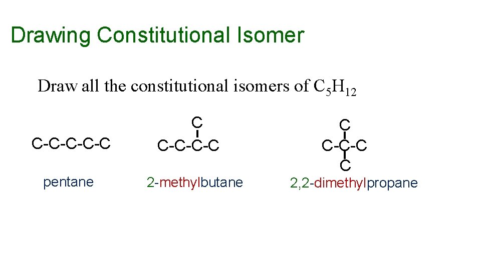 Drawing Constitutional Isomer Draw all the constitutional isomers of C 5 H 12 C-C-C