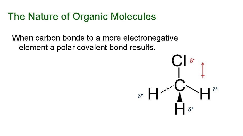 The Nature of Organic Molecules When carbon bonds to a more electronegative element a