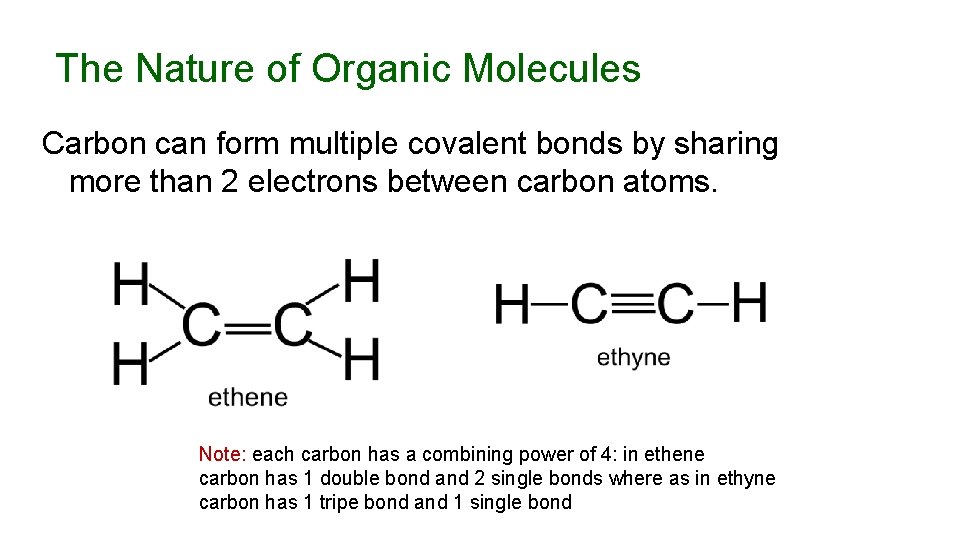 The Nature of Organic Molecules Carbon can form multiple covalent bonds by sharing more