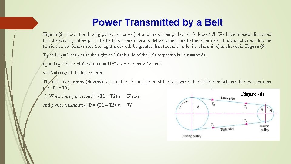 Power Transmitted by a Belt Figure (6) shows the driving pulley (or driver) A