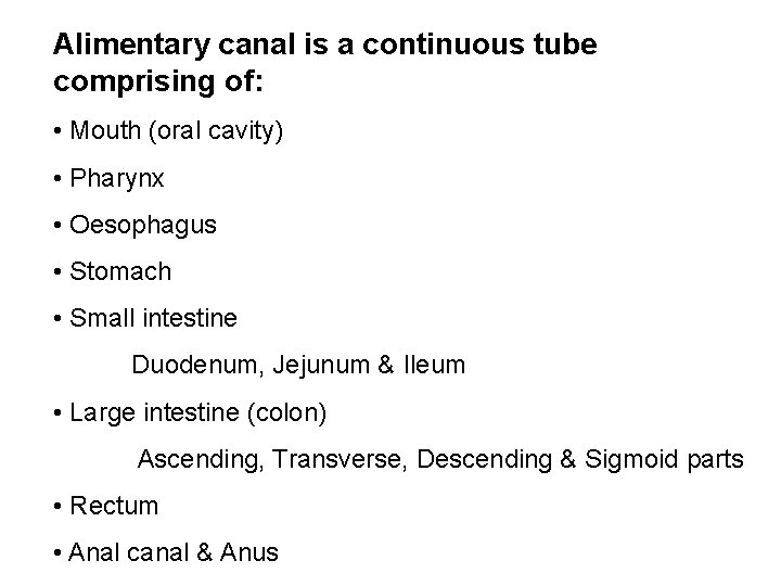 Alimentary canal is a continuous tube comprising of: • Mouth (oral cavity) • Pharynx