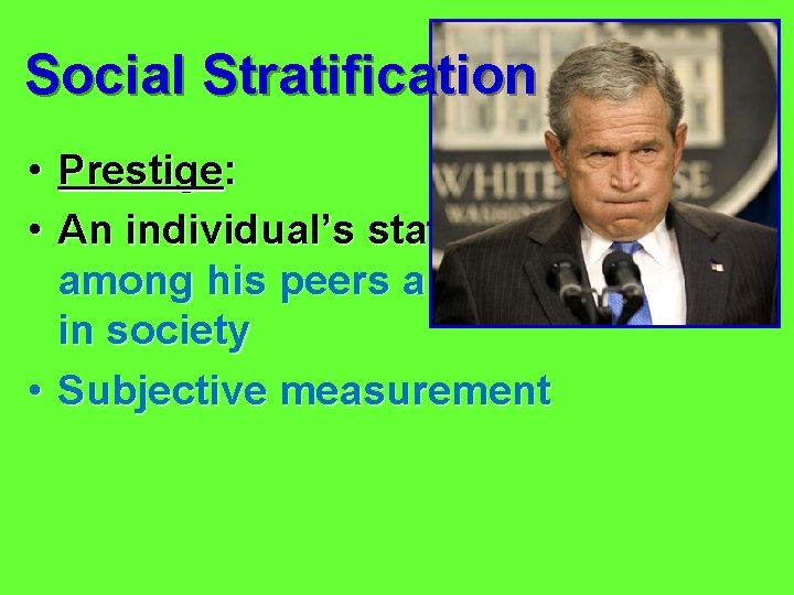 Social Stratification • Prestige: • An individual’s status among his peers and in society