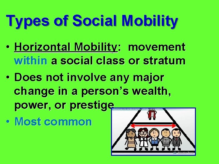 Types of Social Mobility • Horizontal Mobility: movement within a social class or stratum