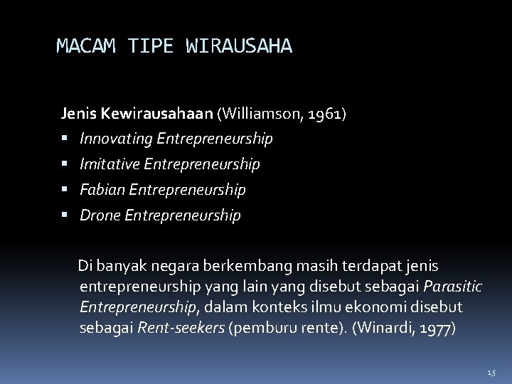 MACAM TIPE WIRAUSAHA Jenis Kewirausahaan (Williamson, 1961) Innovating Entrepreneurship Imitative Entrepreneurship Fabian Entrepreneurship Drone