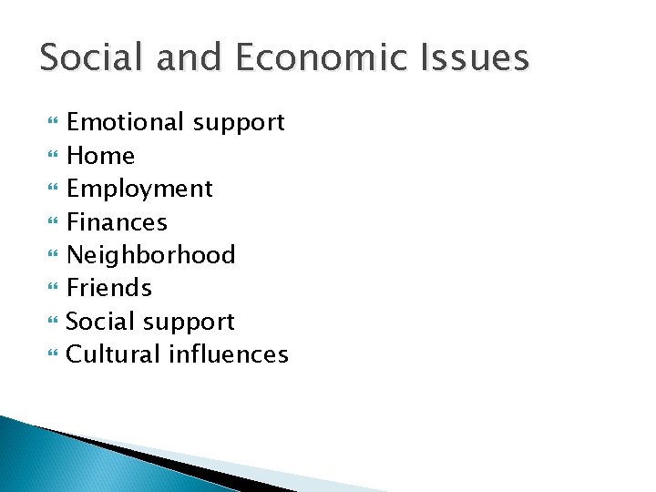 Social and Economic Issues Emotional support Home Employment Finances Neighborhood Friends Social support Cultural