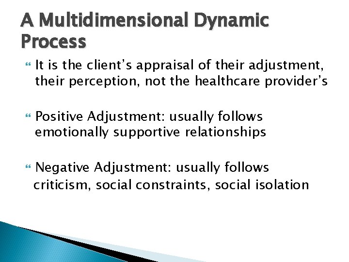 A Multidimensional Dynamic Process It is the client’s appraisal of their adjustment, their perception,