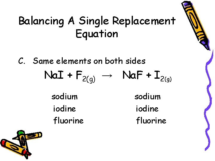Balancing A Single Replacement Equation C. Same elements on both sides Na. I +