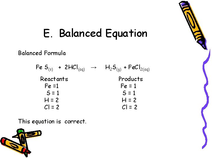 E. Balanced Equation Balanced Formula Fe S(s) + 2 HCl(aq) Reactants Fe =1 S=1