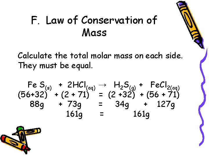F. Law of Conservation of Mass Calculate the total molar mass on each side.