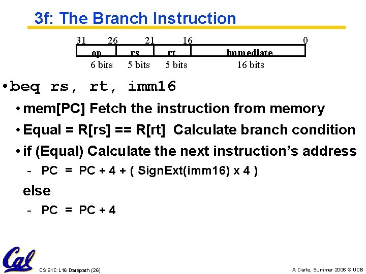 3 f: The Branch Instruction 31 26 op 6 bits 21 rs 5 bits
