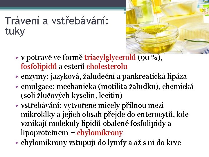 Trávení a vstřebávání: tuky • v potravě ve formě triacylglycerolů (90 %), fosfolipidů a