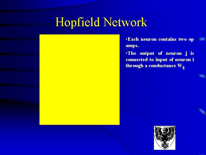 Hopfield Network • Each neuron contains two op amps. • The output of neuron Hopfield Network • Each neuron contains two op amps. • The output of neuron