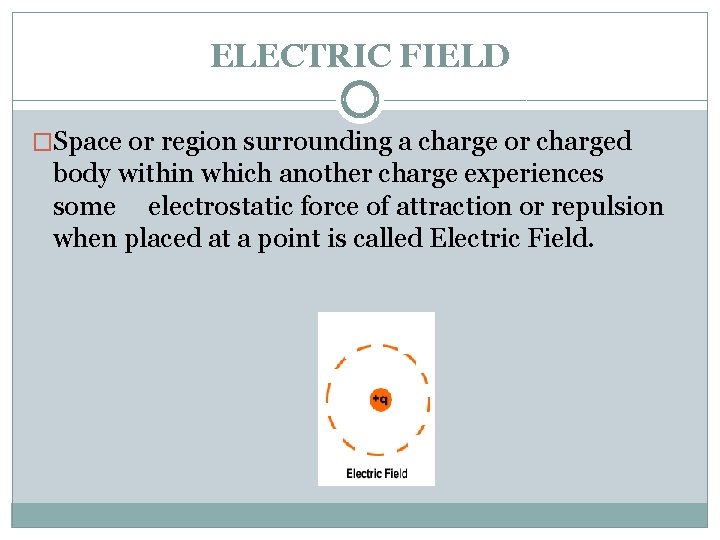 ELECTRIC FIELD �Space or region surrounding a charge or charged body within which another