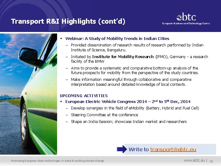 Transport R&I Highlights (cont’d) § Webinar: A Study of Mobility Trends in Indian Cities