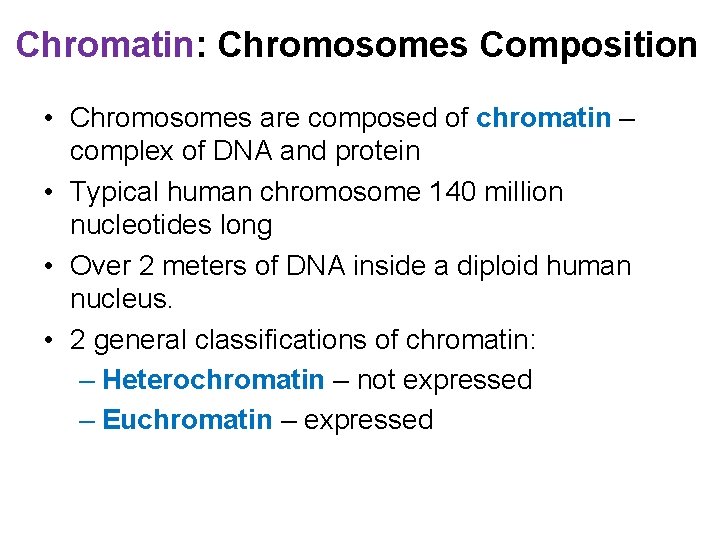 Chromatin: Chromosomes Composition • Chromosomes are composed of chromatin – complex of DNA and